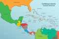 Caribbean islands Central America map state names card colors 3D