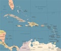 The Caribbean Map - Vintage Vector Illustration Royalty Free Stock Photo