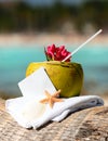 Caribbean paradise beach coconuts cocktail Royalty Free Stock Photo