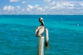 Caribbean Pelican on a beach pole Royalty Free Stock Photo