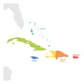 Caribbean Region. Colorful map of countries in Caribbean Sea in Central America. Vector illustration