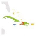 Caribbean Region. Map of countries in Caribbean Sea in Central America. Vector illustration
