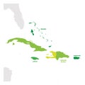 Caribbean Region. Map of countries in Caribbean Sea in Central America. Vector illustration