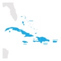 Caribbean Region. Map of countries in Caribbean Sea in Central America. Vector illustration