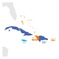 Caribbean Region. Map of countries in Caribbean Sea in Central America. Vector illustration