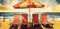 exotic relax resort umbrella watercolor vacation summer chair beach background rest. Generative AI.