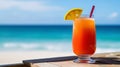 Caribbean Rum Punch cocktail on background with blue sea and sky tropical background. Generative AI Royalty Free Stock Photo