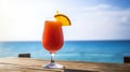 Caribbean Rum Punch cocktail on background with blue sea and sky tropical background. Generative AI Royalty Free Stock Photo