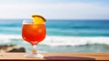 Caribbean Rum Punch cocktail on background with blue sea and sky tropical background. Generative AI Royalty Free Stock Photo