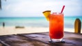 Caribbean Rum Punch cocktail on background with blue sea and sky tropical background. Generative AI Royalty Free Stock Photo