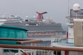 The Caribbean Sea - May 26, 2020: Shot of Carnival Horizon anchored at sea in the fog. Other Carnival cruise ship`s open deck in Royalty Free Stock Photo