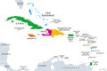 The Caribbean, subregion of the Americas, colored political map