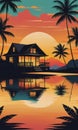 Caribbean Sunset Serenity: Bungalow Silhouettes in Reflective Tranquility