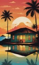 Caribbean Sunset Serenity: Bungalow Silhouettes in Reflective Tranquility