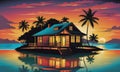 Caribbean Sunset Serenity: Bungalow Silhouettes in Reflective Tranquility