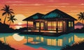 Caribbean Sunset Serenity: Bungalow Silhouettes in Reflective Tranquility