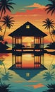 Caribbean Sunset Serenity: Bungalow Silhouettes in Reflective Tranquility