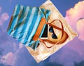 Sunshine Blue Sky ,Bright sun ,clouds Accessories illustration Tablet, handbag ,Smartphone, Sunglass Royalty Free Stock Photo