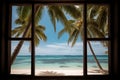 Caribbean Window: White Sand Beach & Cocoa Trees Royalty Free Stock Photo