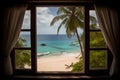 Caribbean Window: White Sand Beach & Cocoa Trees Royalty Free Stock Photo