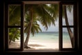 Caribbean Window: White Sand Beach & Cocoa Trees Royalty Free Stock Photo