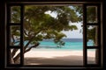 Caribbean Window: White Sand Beach & Cocoa Trees Royalty Free Stock Photo