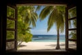 Caribbean Window: White Sand Beach & Cocoa Trees Royalty Free Stock Photo