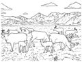 Line drawing of a herd of caribous in black and white for coloring vector Royalty Free Stock Photo