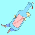 Caricature of an alcoholic. Man falls asleep and falls in hug with bottle