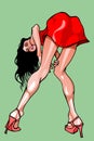 Caricature cartoon girl in a red dress standing bent