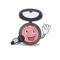 Caricature character of pink blusher happy singing with a microphone