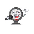 Caricature character of pressure gauge happy singing with a microphone