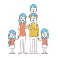 Caricature color sections and blue hair of big family parents with boy on his back and daugthers taken hands Royalty Free Stock Photo