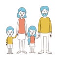 Caricature color sections and blue hair of family group with parents and little kids taken hands