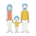 Caricature color sections and blue hair of family with parents and little boy taken hands