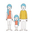 Caricature color sections and blue hair of family with young father and mom with side ponytail hair with little girl