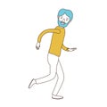 Caricature color sections and blue hair of full body man bearded running