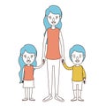 Caricature color sections and blue hair of full body mother taken hand with girl and boy