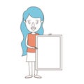 Caricature color sections and blue hair of full body woman holding a square poster