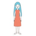 Caricature color sections and blue hair of full body woman with long hair and dressed