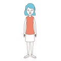 Caricature color sections and blue hair of full body woman with short hair
