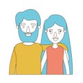 Caricature color sections and blue hair of half body couple woman with long hairstyle and bearded man