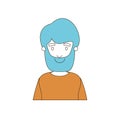 Caricature color sections and blue hair of half body man bearded with t-shirt