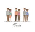 Caricature couple mature people line set with casual clothes and hats standing on white background