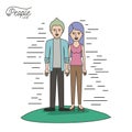 Caricature couple people line casual clothes guy modern hairstyle and woman with straight long hairstyle standing in