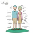 Caricature couple people line casual clothes guy modern hairstyle and woman with straight hairstyle standing with dress