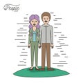 Caricature couple people line woman with wavy long hair standing formal clothes and man with moustache in grass on white