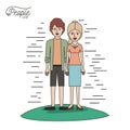 Caricature couple people line young man and blonded woman with ponytail hair standing casual clothes in grass on white Royalty Free Stock Photo