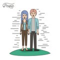 Caricature couple people line young man and woman with straight long hair in casual wear standing in grass on white