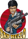 Caricature drawing of gangster holding m16 with grenadelauncher